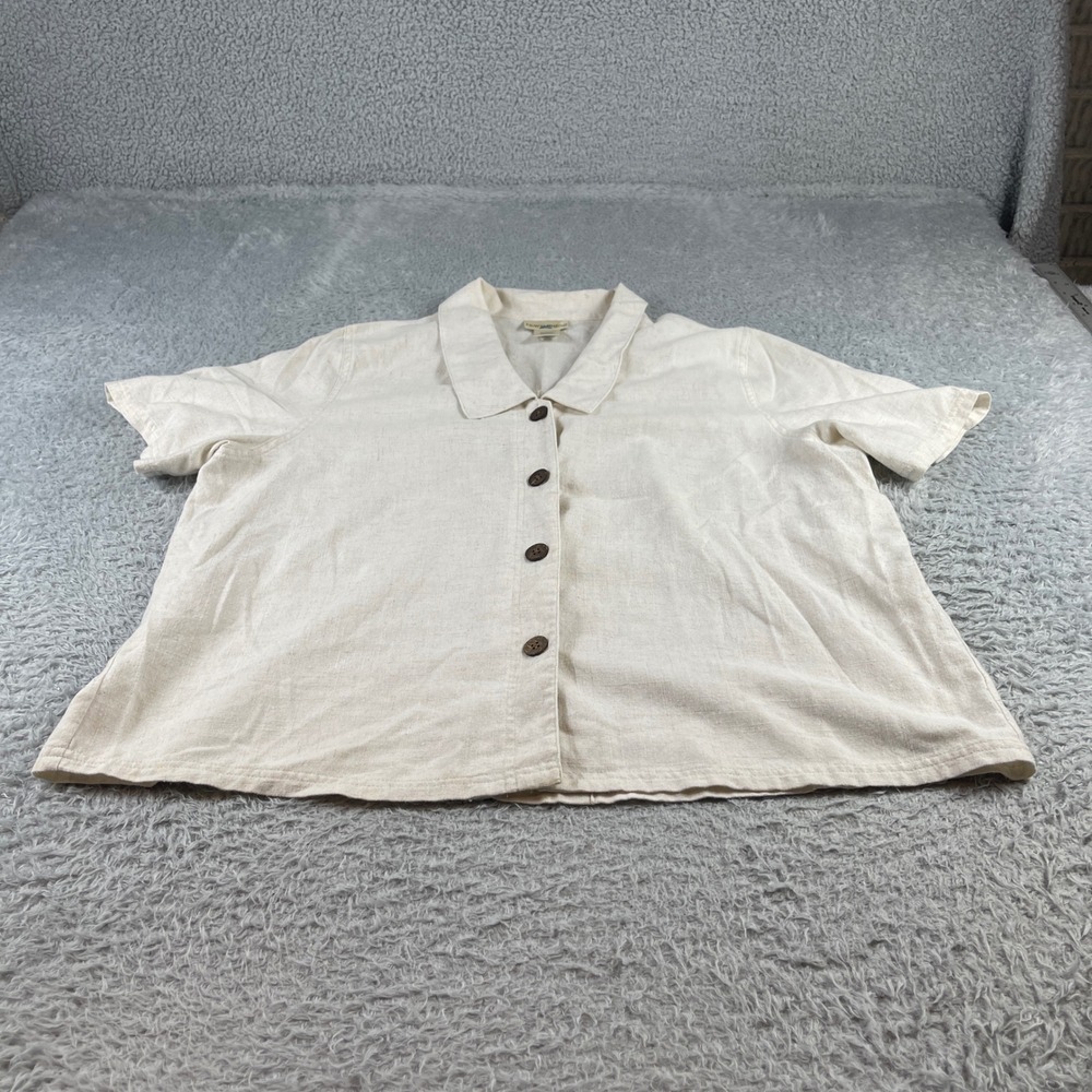 TravelSmith Womens XL Linen Blend Short Sleeve Button Down Shirt Beige Oatmeal